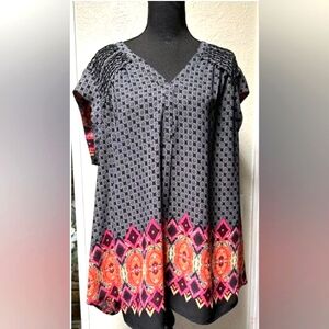 Daniel Rainn Black & Pink Floral Cap Smocked Sleeve Tunic Women's Size: 2X EUC
